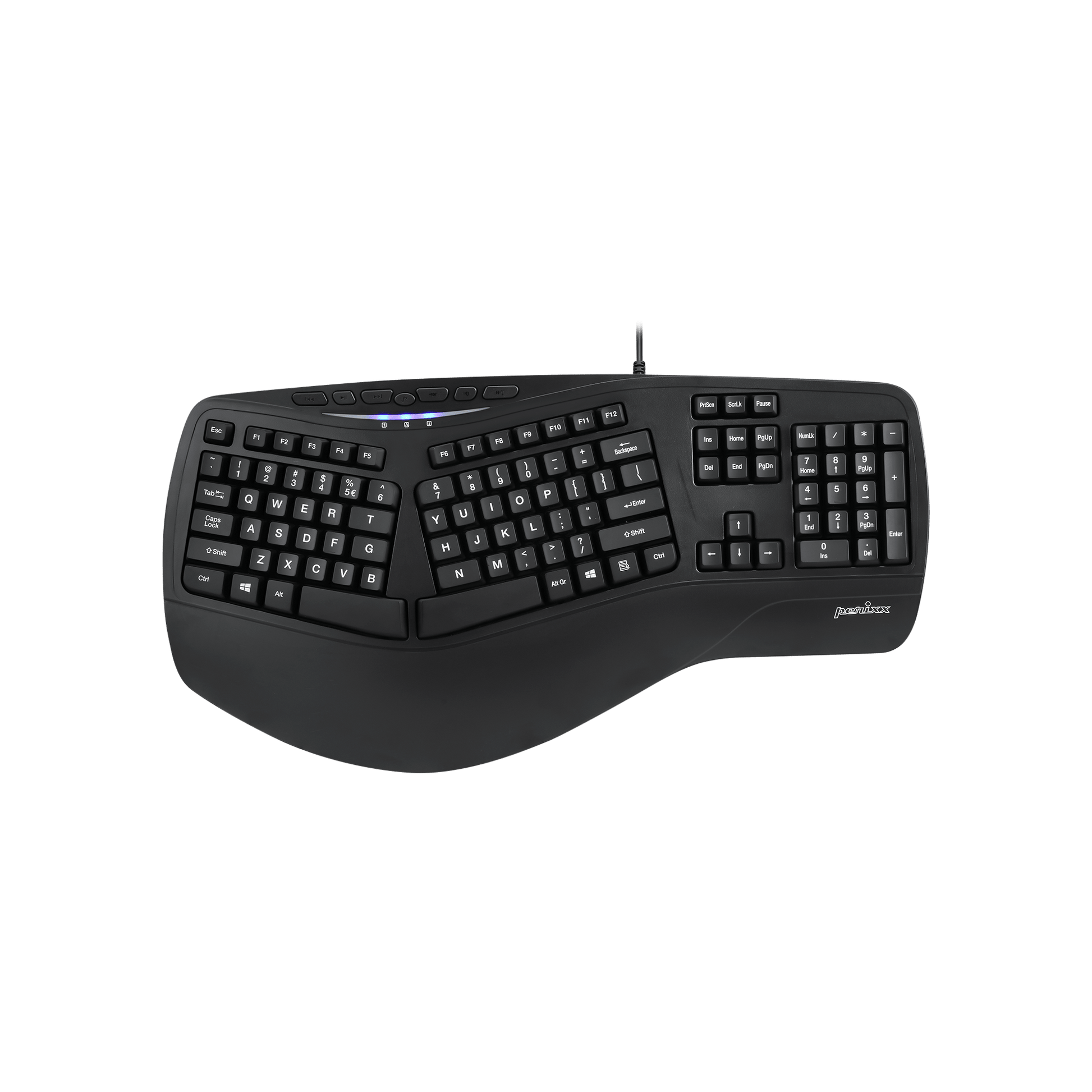 PERIBOARD-312 - Wired Backlit Ergonomic Keyboard Large Print Letters Extra USB Ports - Perixx Europe