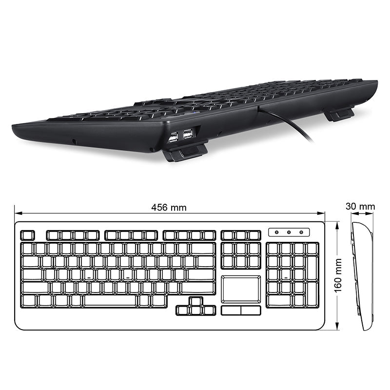 PERIBOARD-313 - Wired Backlit Touchpad Keyboard Extra USB Ports (US QWERTY Layout) - Perixx Europe