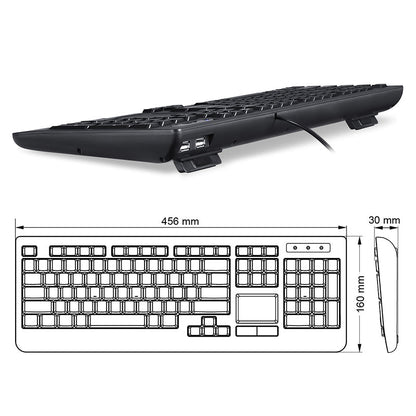 PERIBOARD-313 - Wired Backlit Touchpad Keyboard Extra USB Ports (US QWERTY Layout) - Perixx Europe