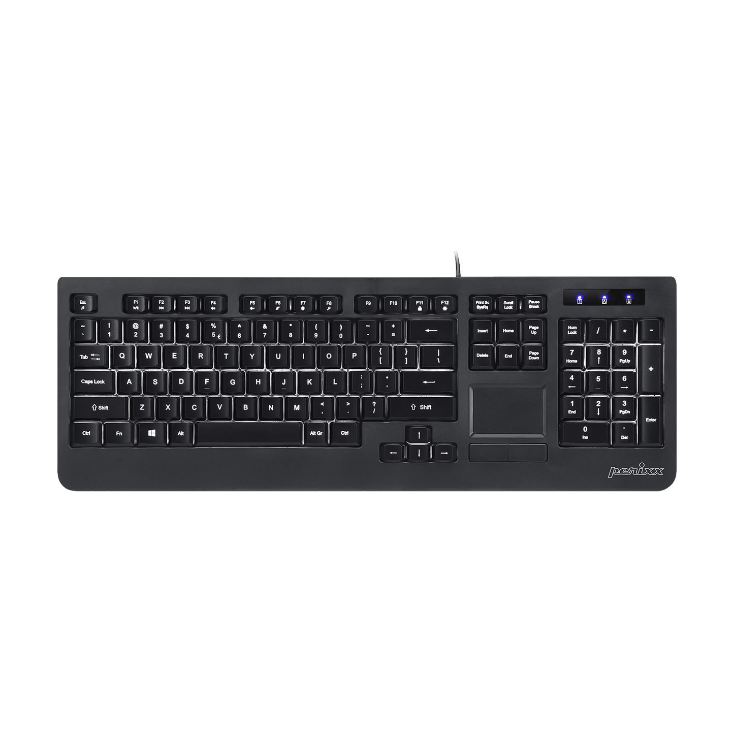 PERIBOARD-313 - Wired Backlit Touchpad Keyboard Extra USB Ports (US QWERTY Layout) - Perixx Europe