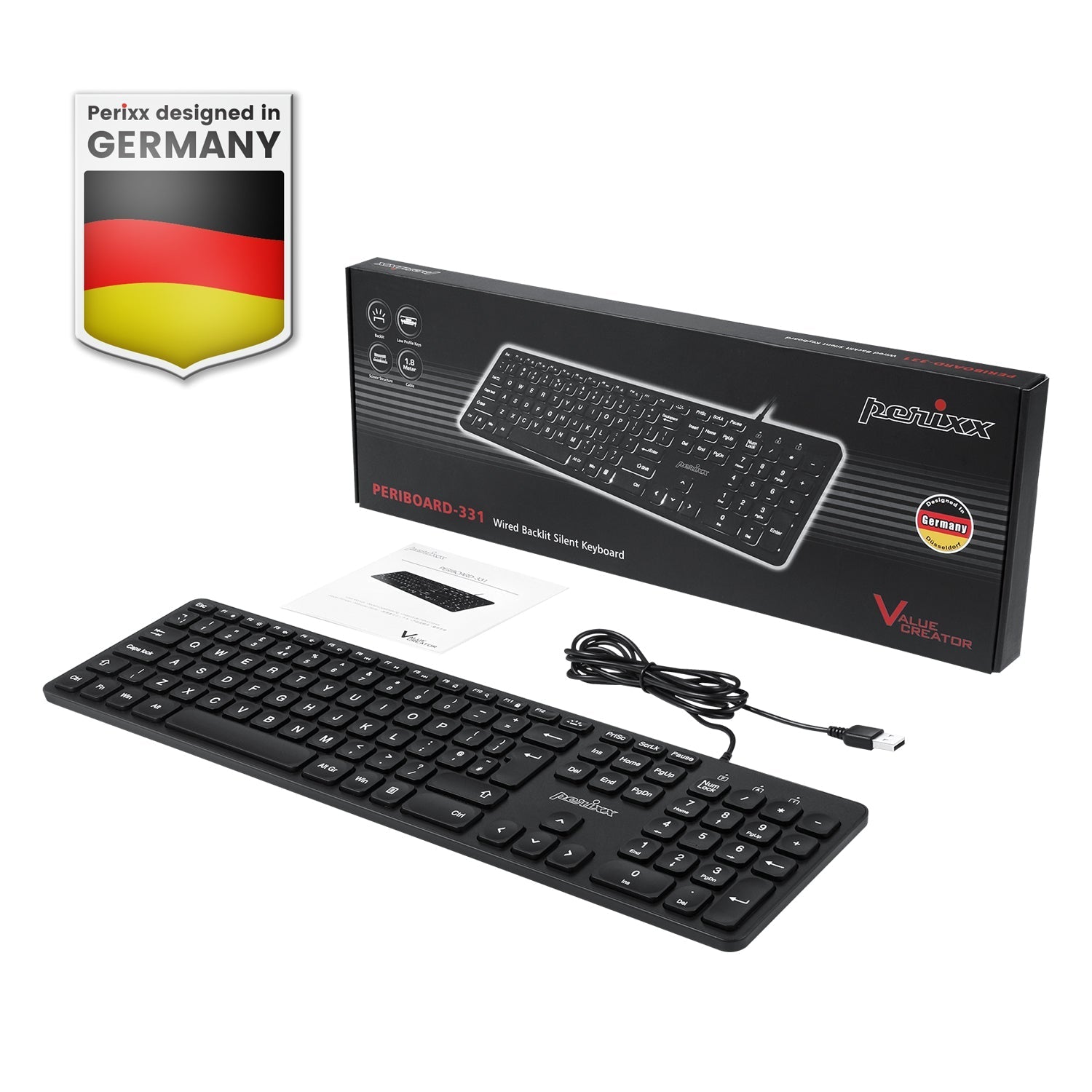 PERIBOARD-331 - Wired Backlit Scissor Keyboard with Large Print Letters - Perixx Europe