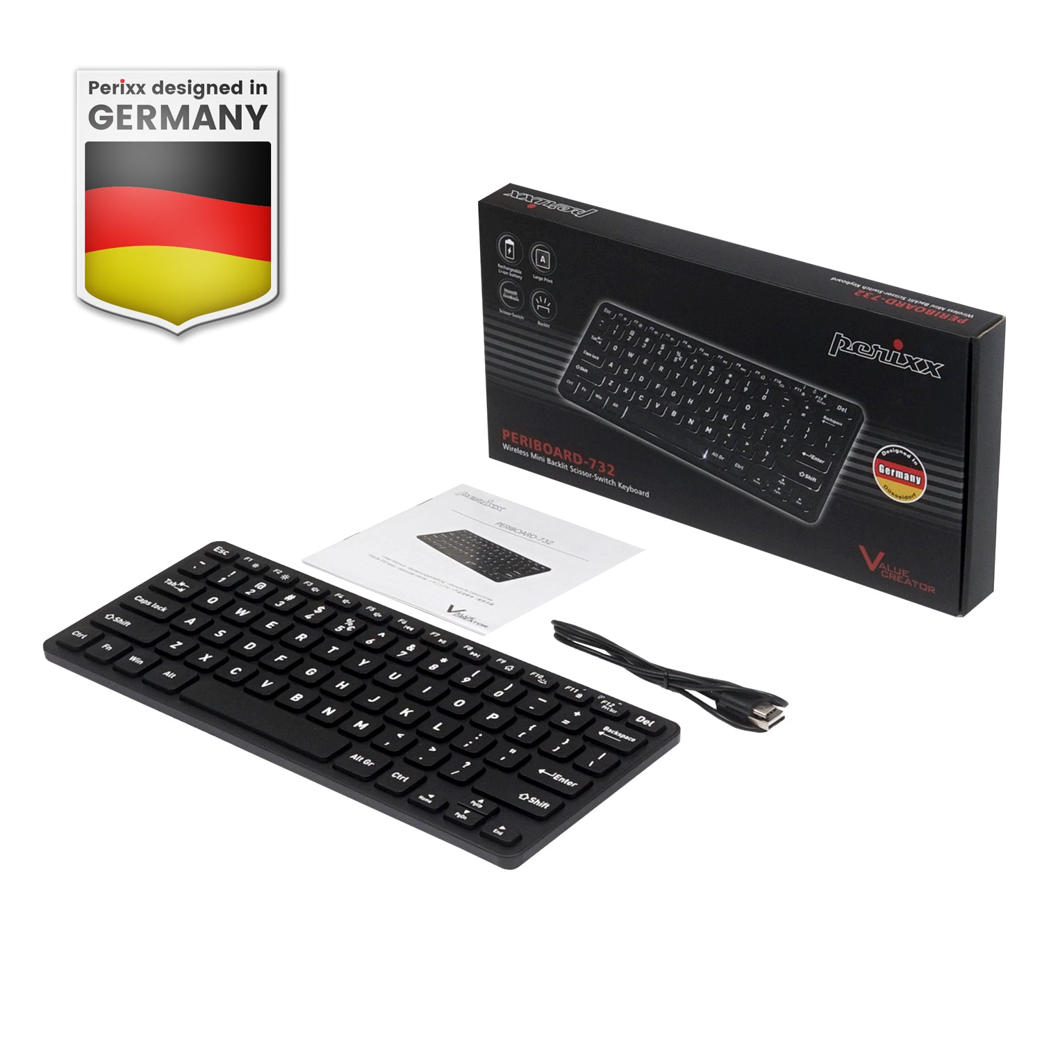 PERIBOARD-732 Wireless Mini Backlit Rechargeable Scissor Keyboard 70% with Large Print Letters - Perixx Europe