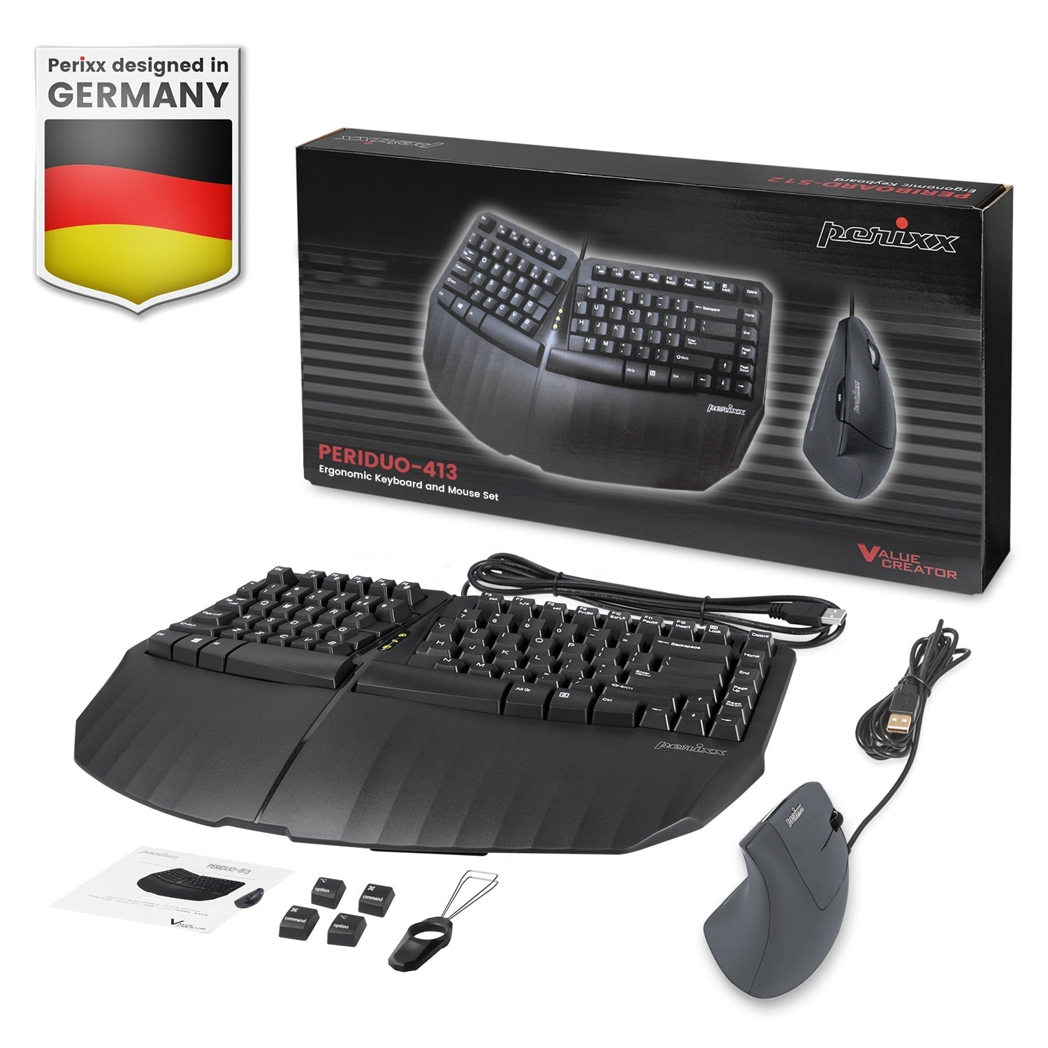 PERIDUO - 413 Wired USB Ergonomic Compact Split Keyboard and Vertical Mouse - Perixx Europe