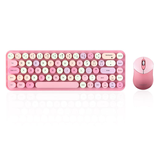 PERIDUO-802PK Bluetooth Mini Keyboard and Mouse Combo - Retro Round Key Caps - Pastel Pink - Perixx Europe