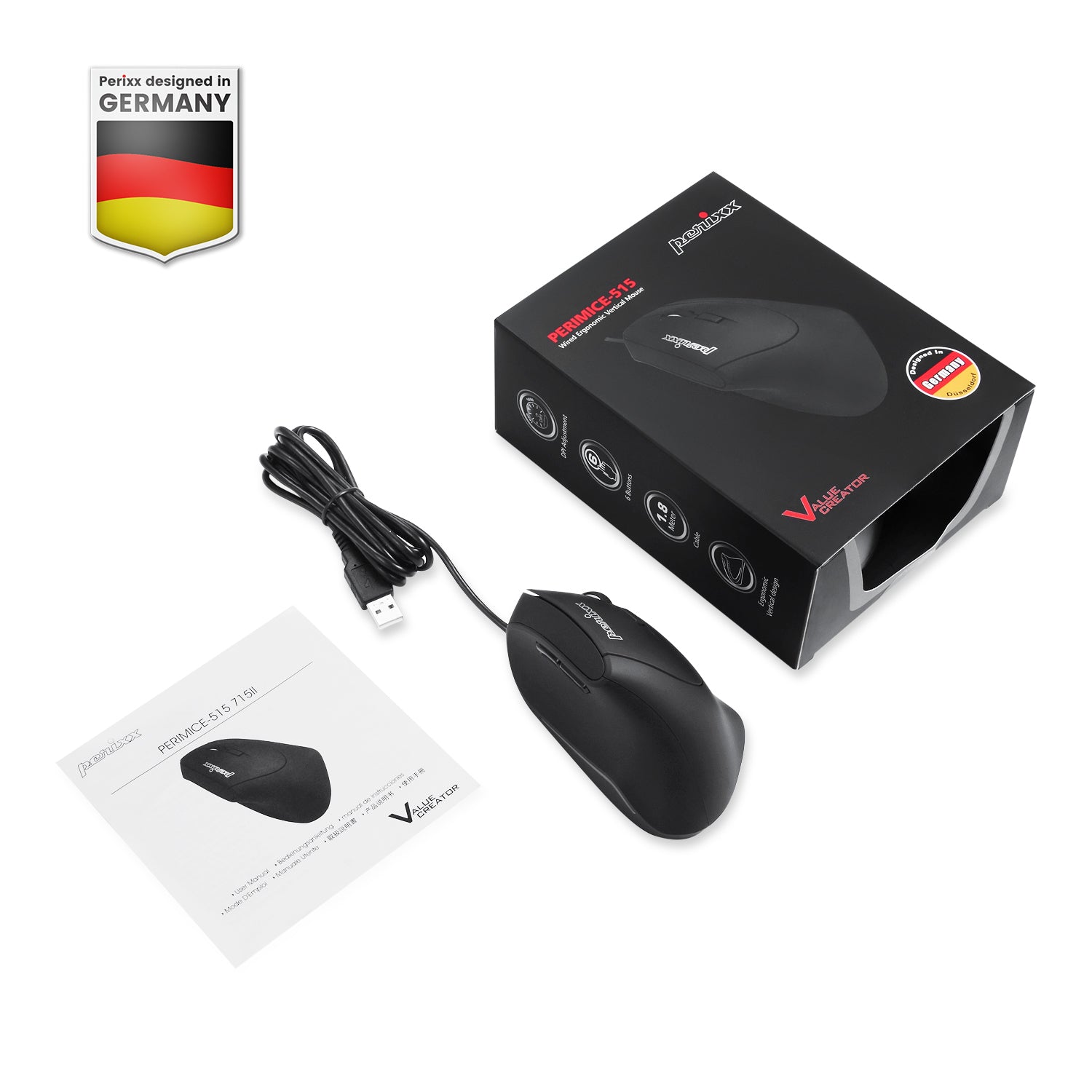 PERIMICE-515 II - Wired Ergonomic Vertical Mouse For Medium To Large Hand-Size - Perixx Europe