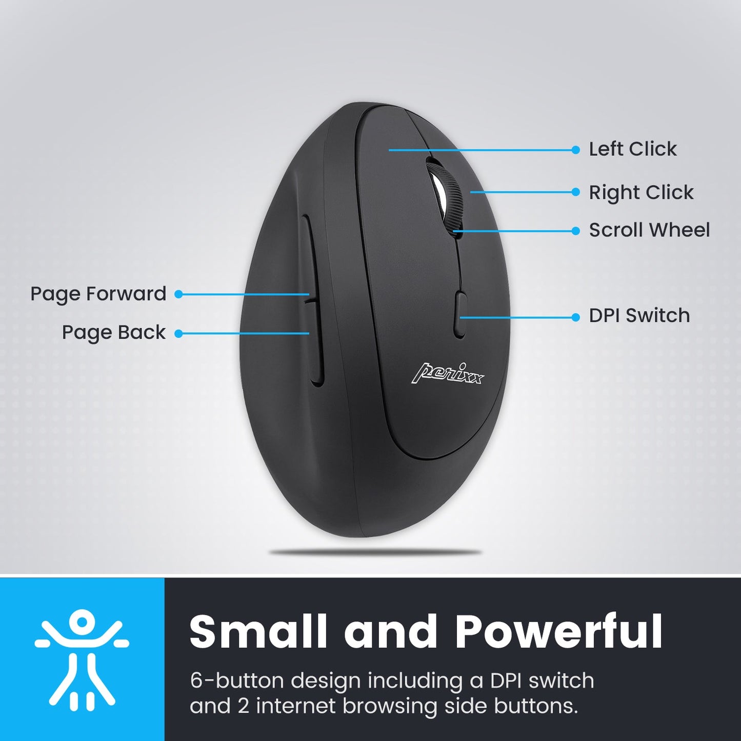 PERIMICE-619 - Wireless Ergonomic Vertical Mouse with Silent Click and Small Design- Multi-Device - Perixx Europe