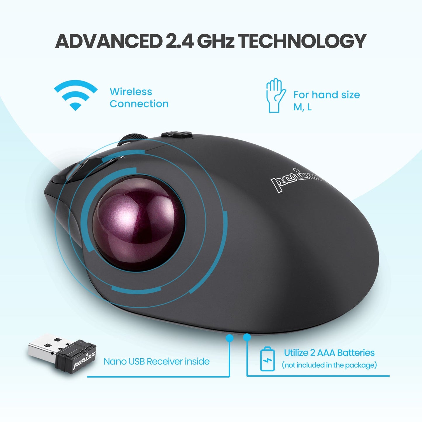 PERIMICE-717 Wireless Ergonomic Vertical Trackball Mouse with Pointing Feature - 5 Programmable Buttons