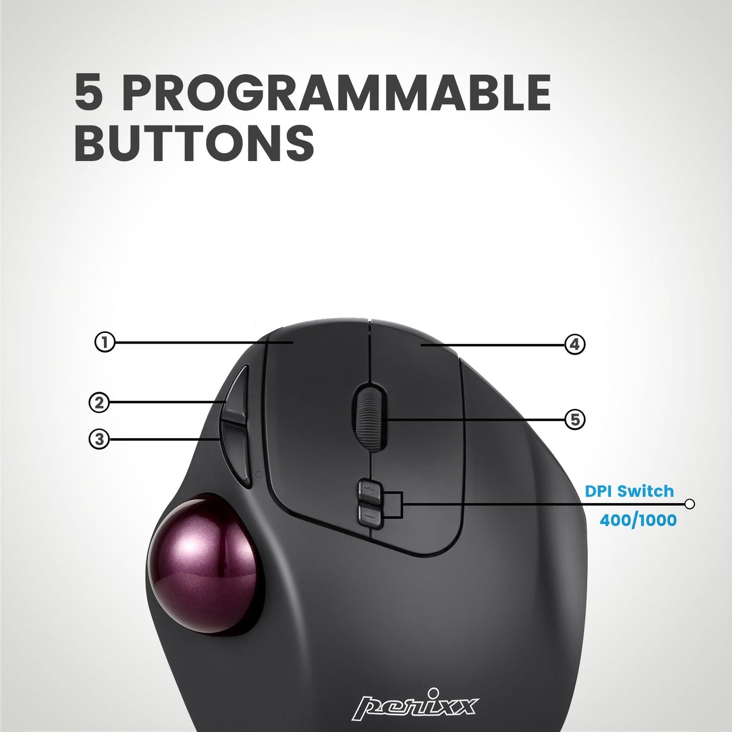 PERIMICE-717 - Wireless Ergonomic Vertical Trackball Mouse Programmable Buttons - Perixx Europe