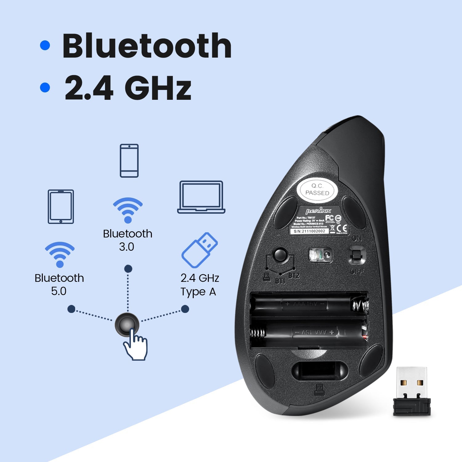 PERIMICE-813 - Wireless Ergonomic Vertical Mouse - Multi-Device - Perixx Europe