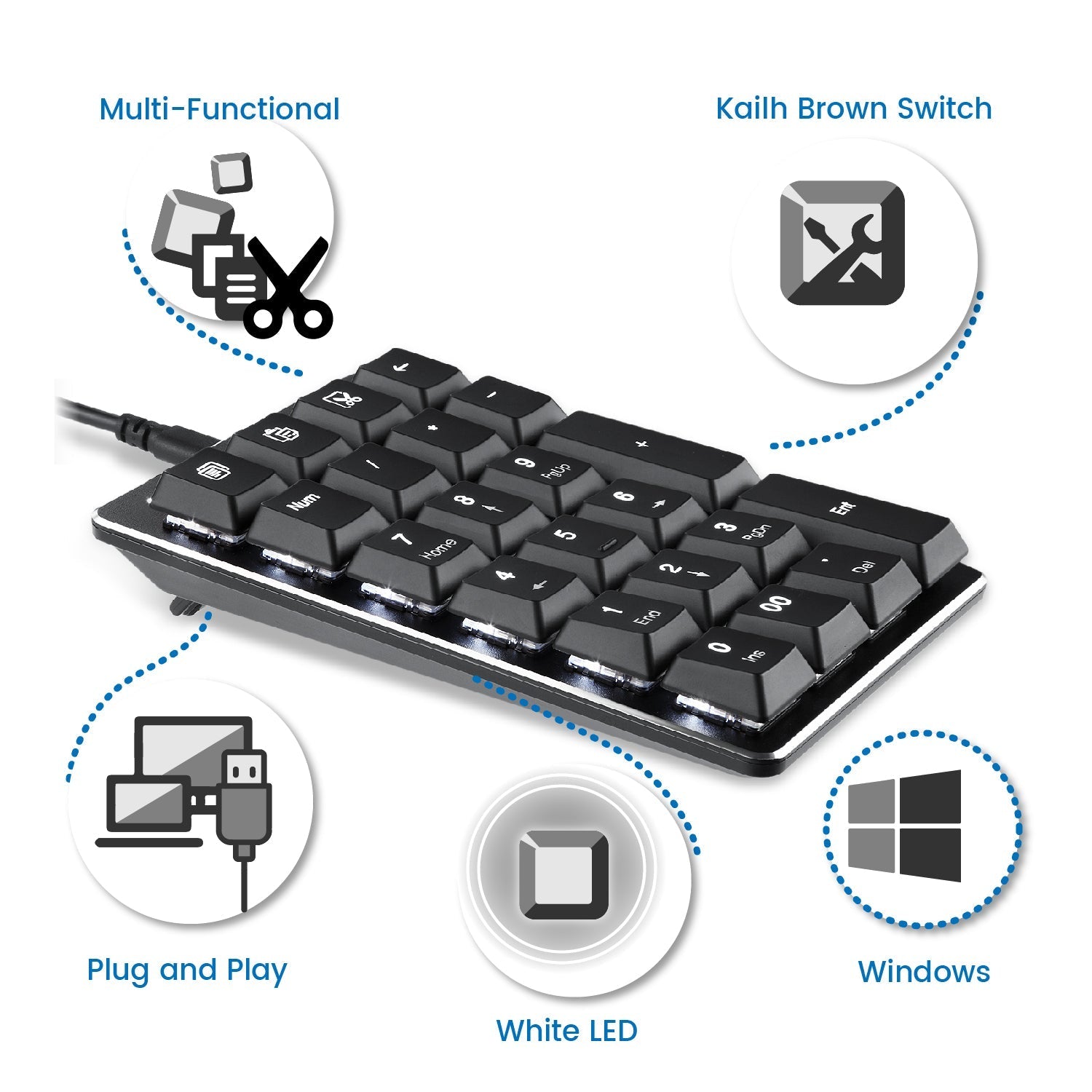 PERIPAD-303 - Wired Backlit Mechanical Numeric Keypad plus 4 Built-in Hotkeys - Perixx Europe