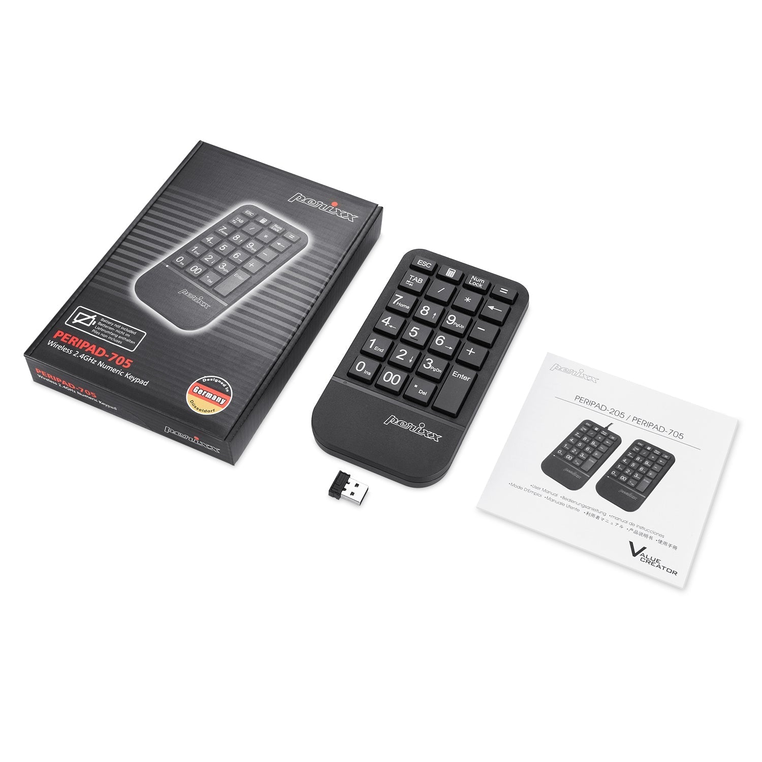 PERIPAD-705 - Wireless Numeric Keypad with Palm Rest Large Print Letters - US Layout - Perixx Europe