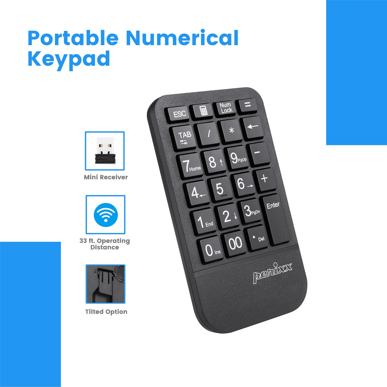 PERIPAD-705 - Wireless Numeric Keypad with Palm Rest Large Print Letters - US Layout - Perixx Europe