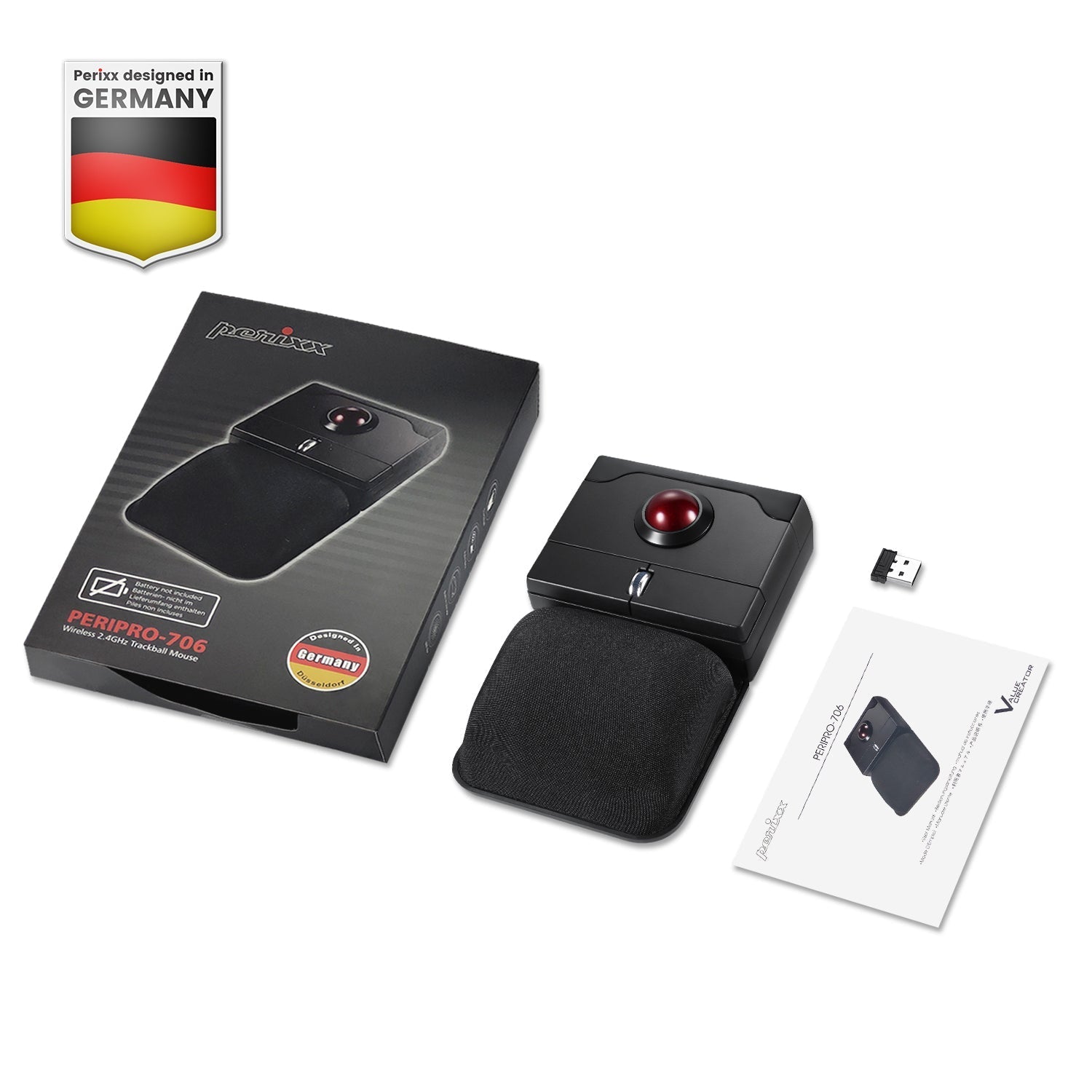 PERIPRO-706 - Wireless Trackball Mouse plus Wrist Rest Pad 800 DPI - Perixx Europe